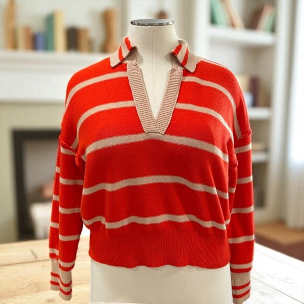 Oversized Striped Polo Sweater Preppy Coastal Grandmacore Retro‎ Fall Cozy M